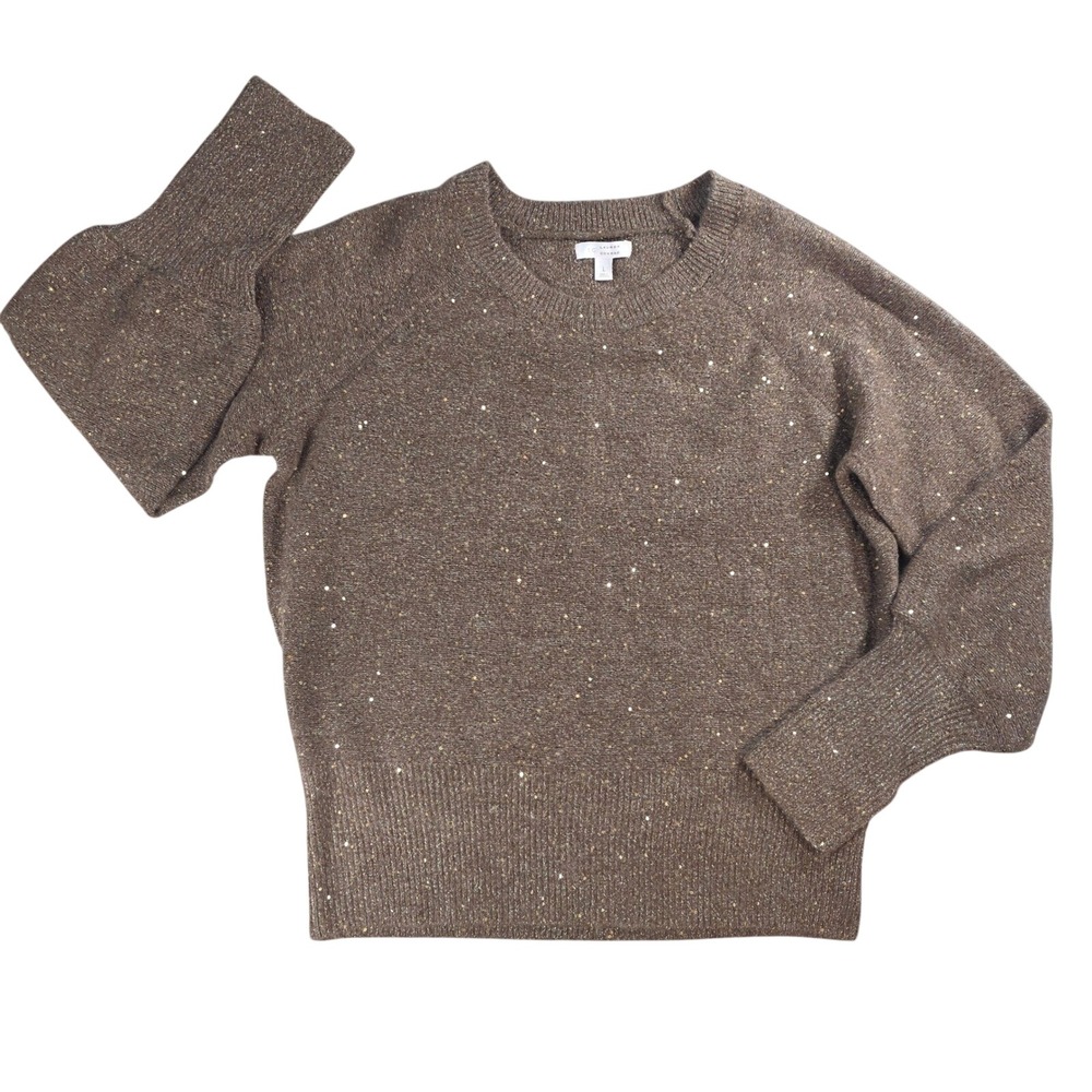 LC Lauren Conrad Womens Large Brown Sequin Metallic Knit Pullover Sweater Raglan